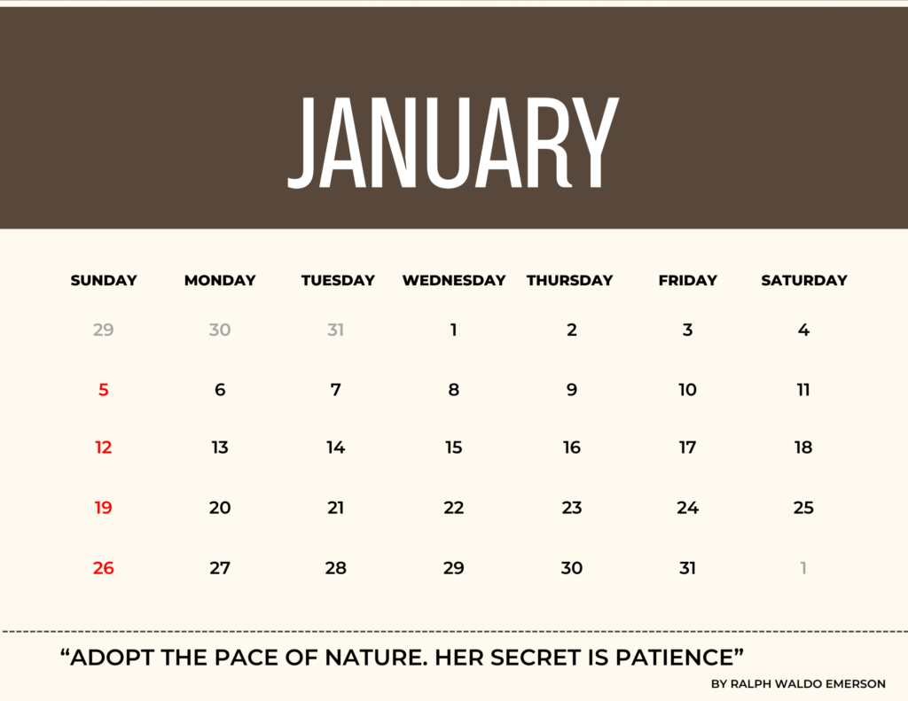 Nature calendar for January 2025 with motivational quote